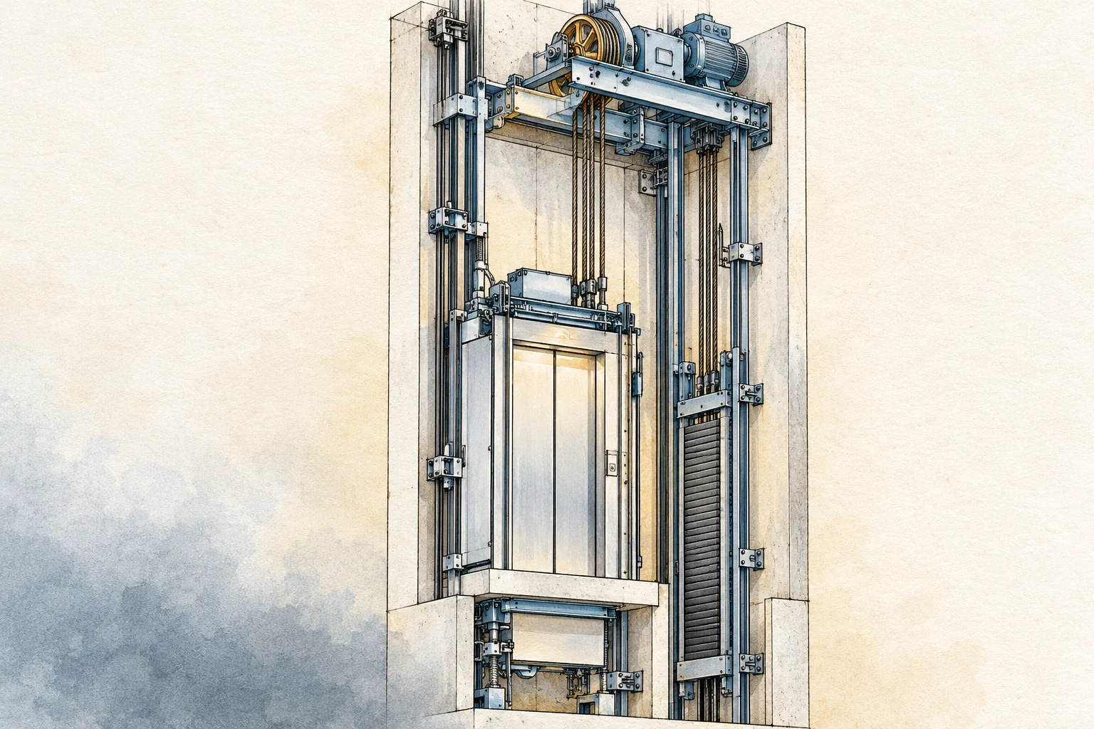 Hand-drawn cutaway of an elevator with its car, guide rails, ropes and overhead machine