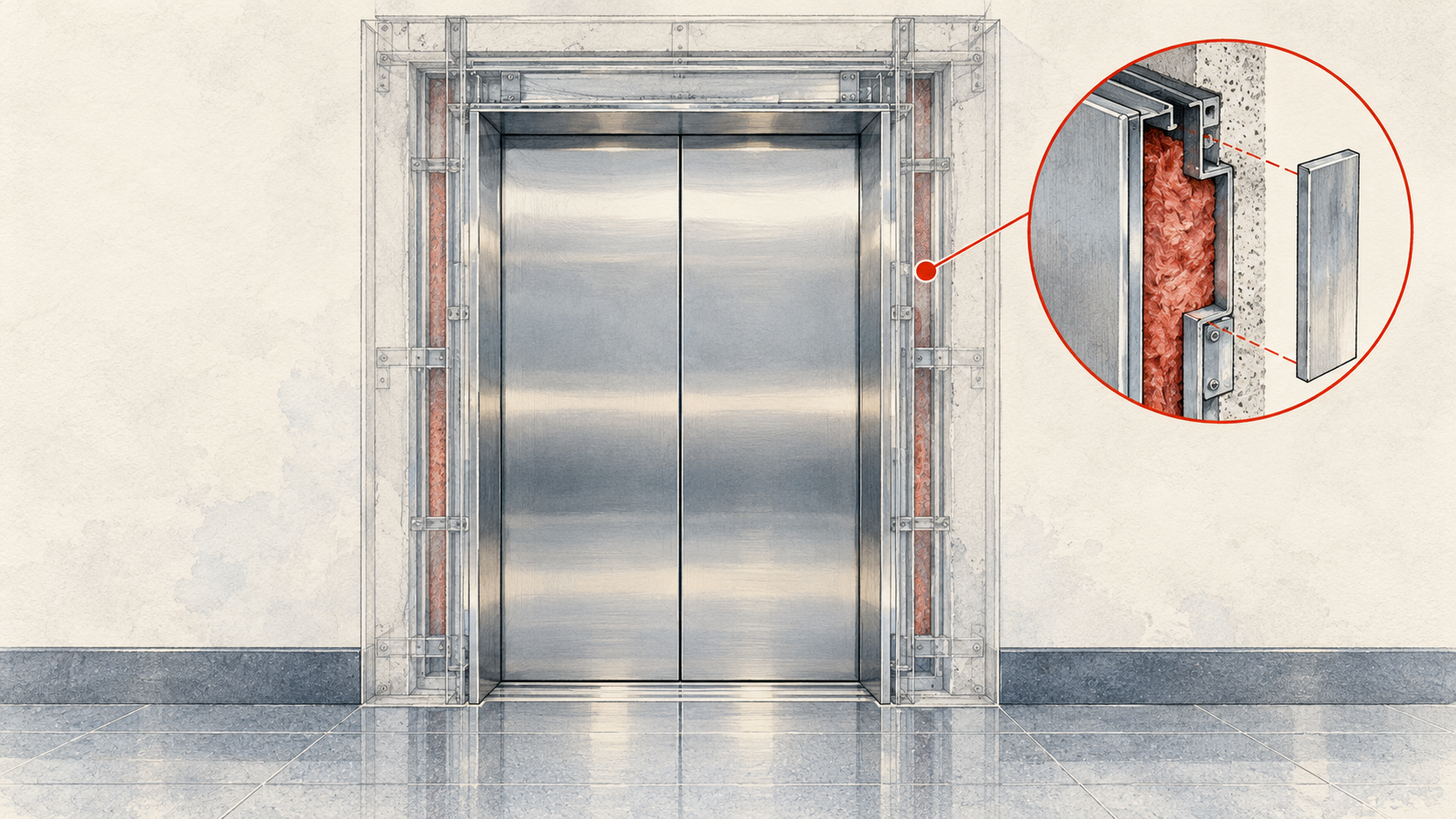 Illustration of an elevator door frame and fire protection detail
