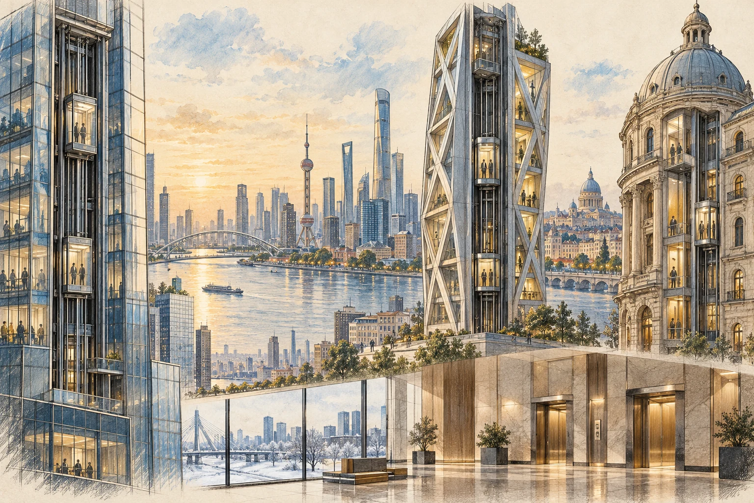 Sketch of elevator systems across an international cityscape