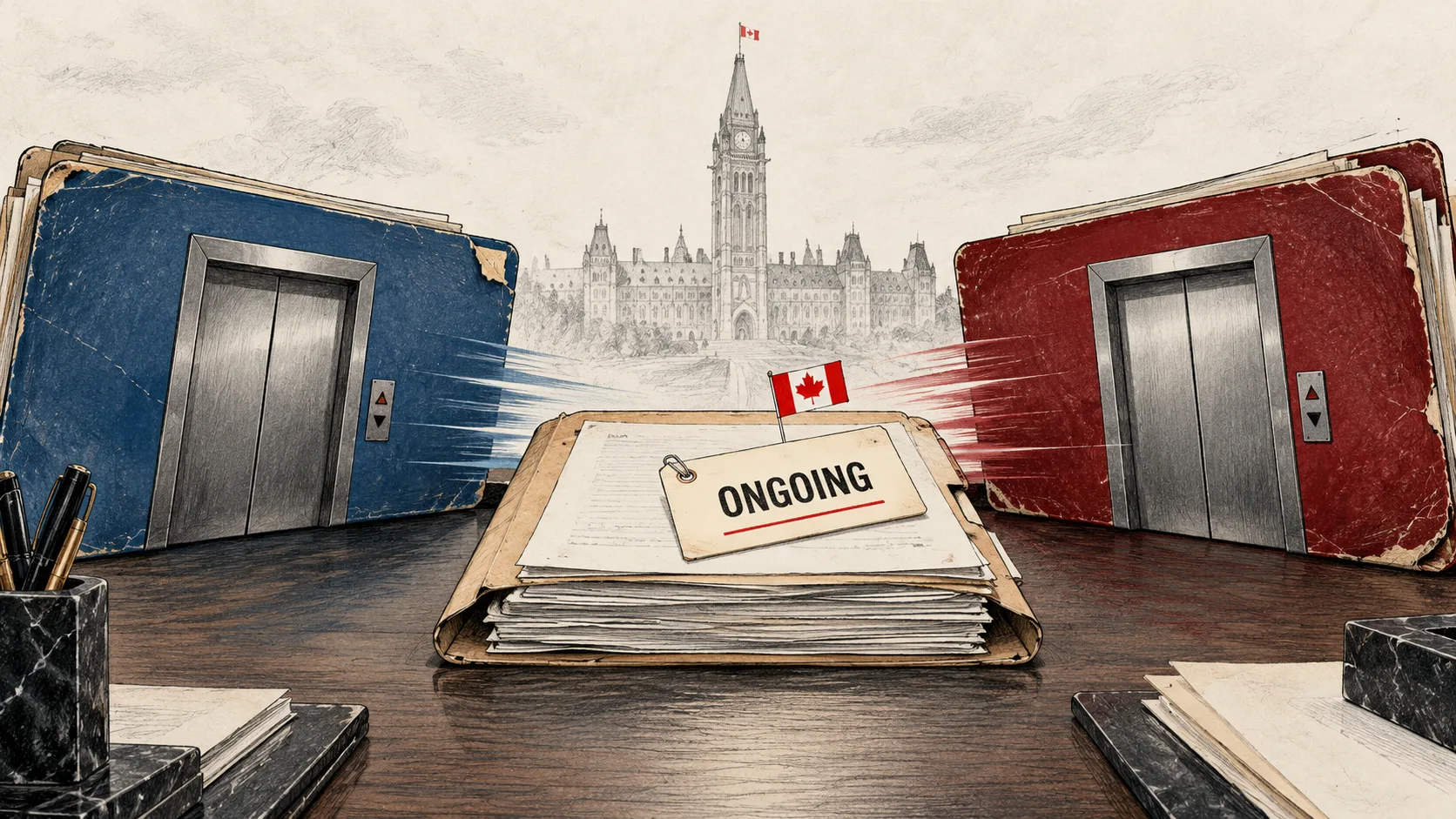 Illustration of two elevator companies and a Canadian merger review