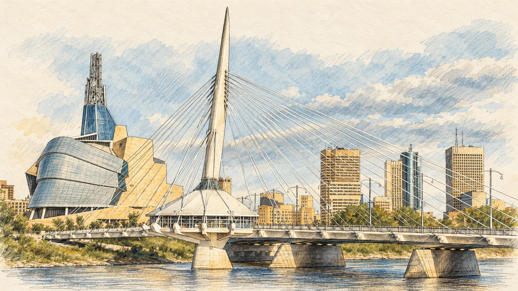 Sketch of Winnipeg’s Esplanade Riel bridge and Canadian Museum for Human Rights