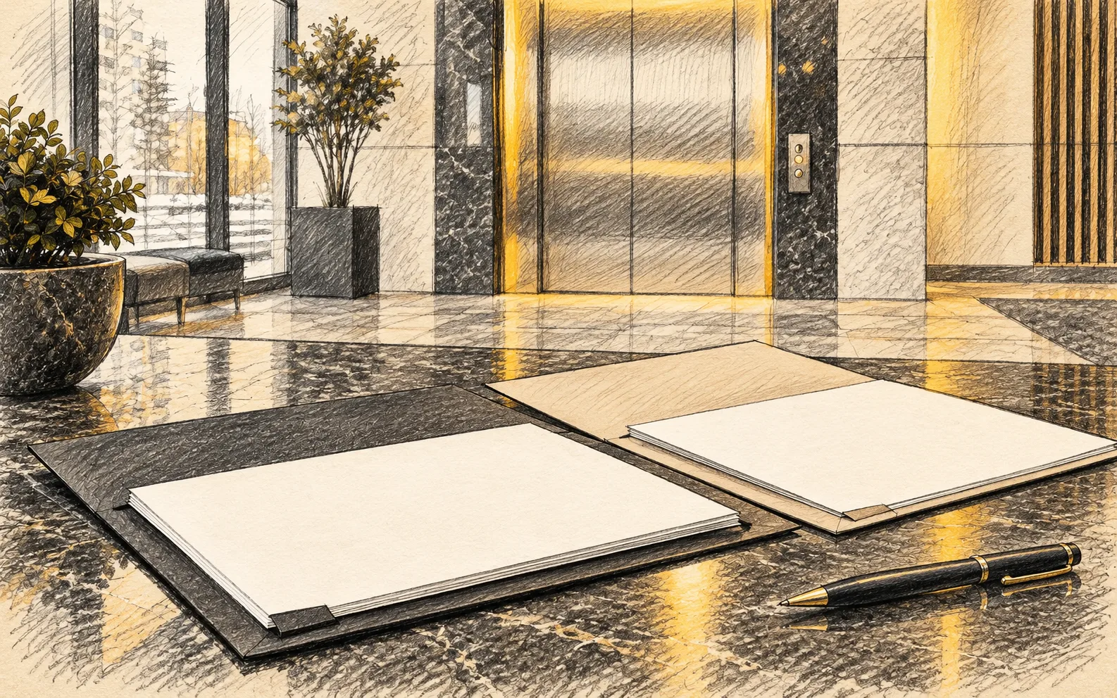 Sketch of document folders near elevator doors